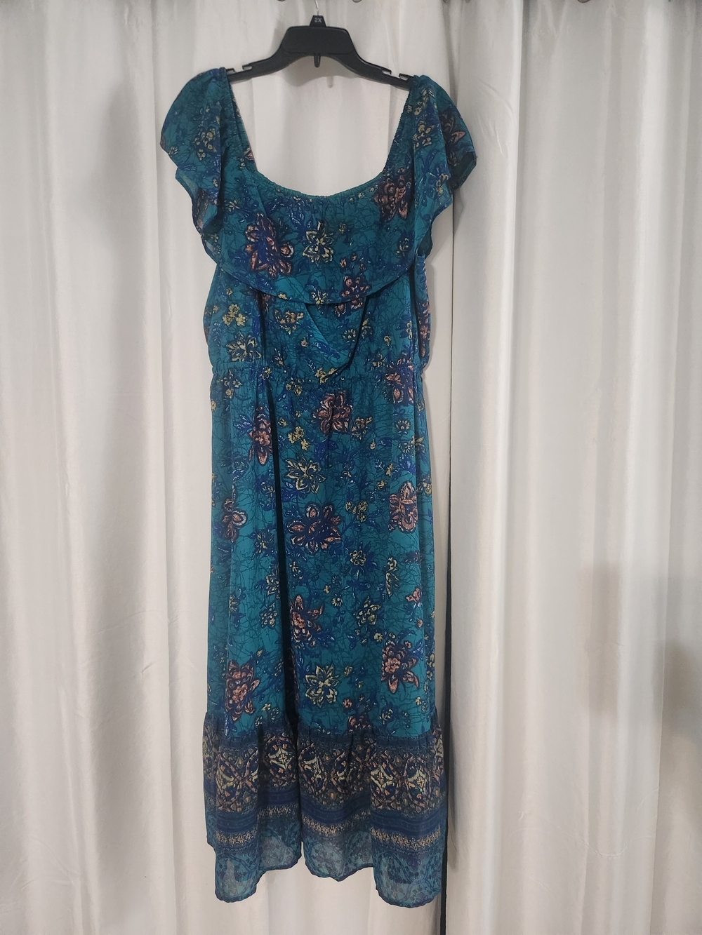 Maurices Teal Floral Maxi Dress with Ruffle Overlay